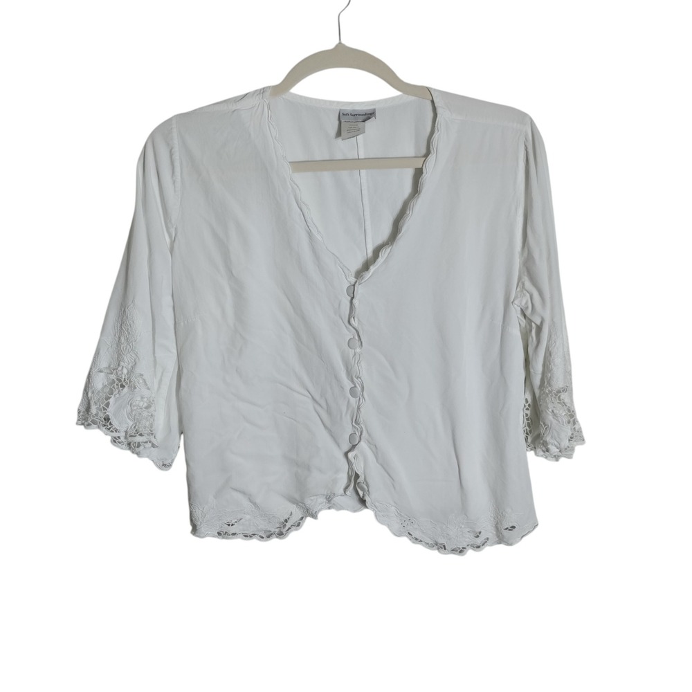 Soft Surroundings White Button-Front Lace Trim Blouse